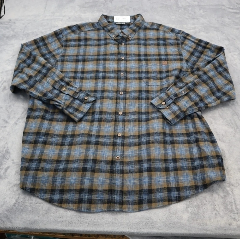 Solaris Shirt Men 3XB Blue Brown Plaid Long-Sleeve 100% Cotton EUC